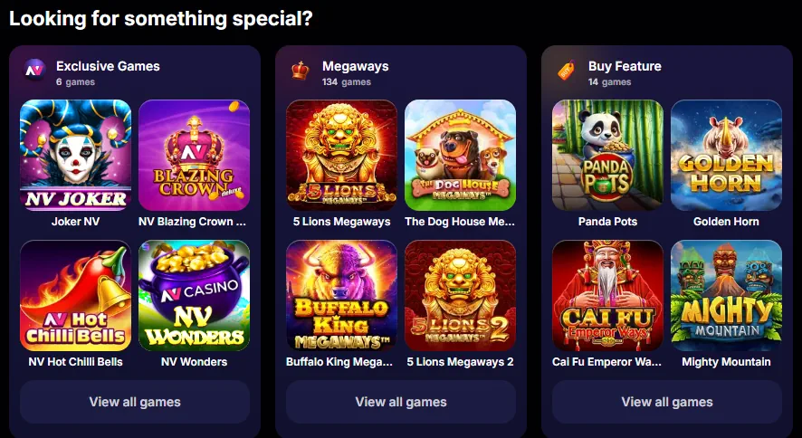 Categorii de bibliotecă de jocuri de cazinou NV și miniaturi de sloturi prezentate
